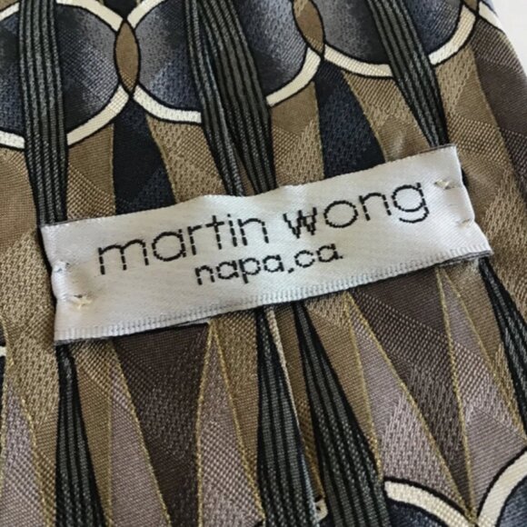 Share Martin Wong Napa Men's Necktie Tie Silk Satin Tan, Gray and white Geometri - Picture 3 of 4
